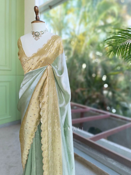 Kamali Pista Green Saree with Mirror Work