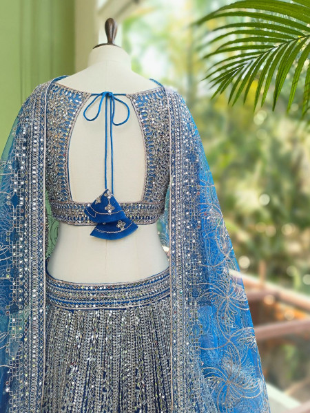 Rivarka Royal Blue Mirror and Bead Embroidered Bridal Lehenga
