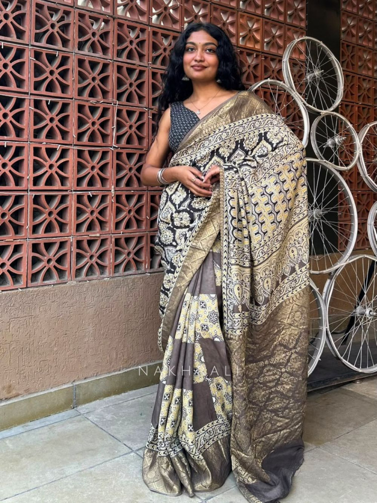 Image of Earthbound Brown Dola Silk Ajrakh Printed Saree