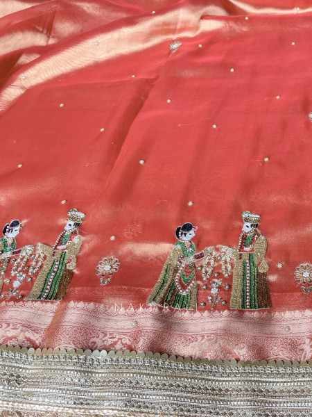 Kalpika  Peach  Organza Silk Saree With Jaimala Zardosi Motif Work