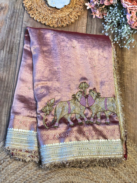 Vraj Ras Wine  Banarasi Tissue Silk Saree – Hand Embroidery & Zari Border