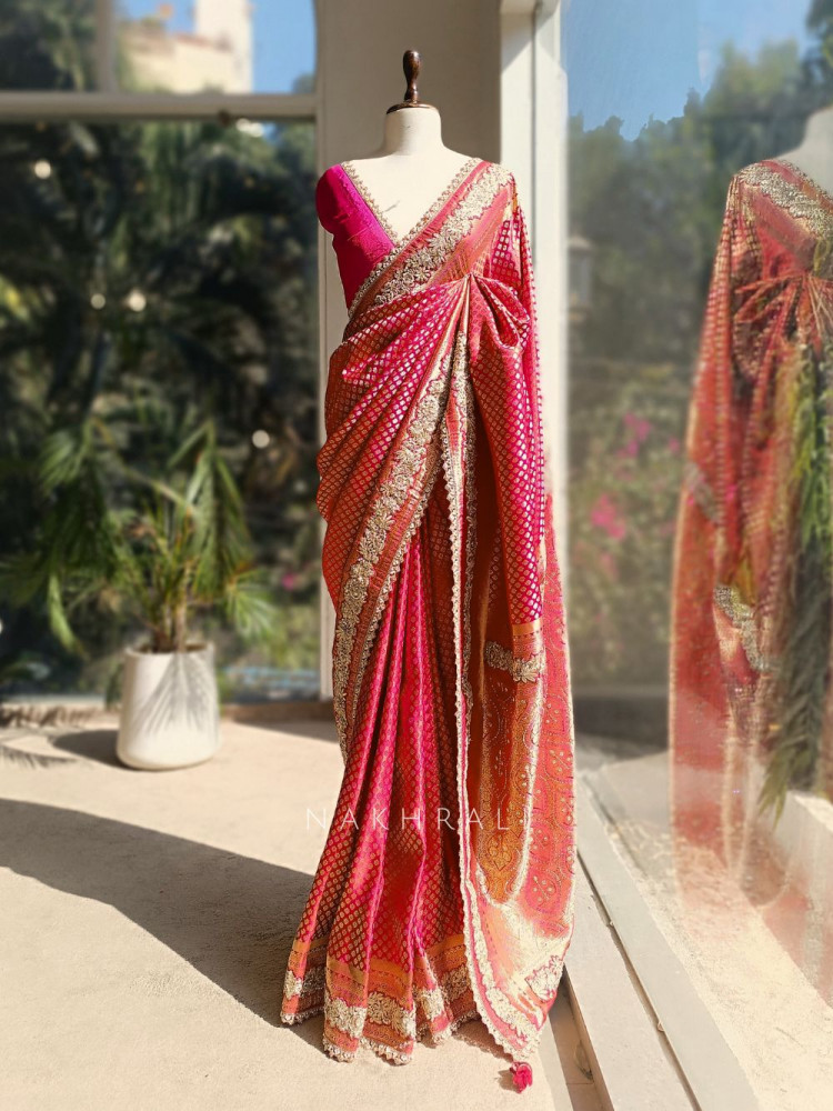Image of Suhagan Red Brocade Silk Saree with Zari and Sequin Work