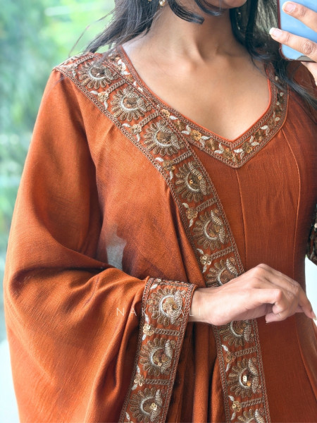 Dastaan Rust Chinon Kalidar Anarkali Set