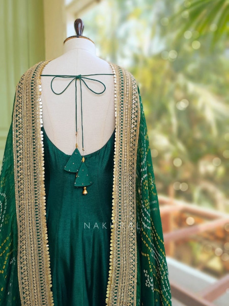 Emerald Green Anarkali Palazzo Set with Bandhej Dupatta and Border Work