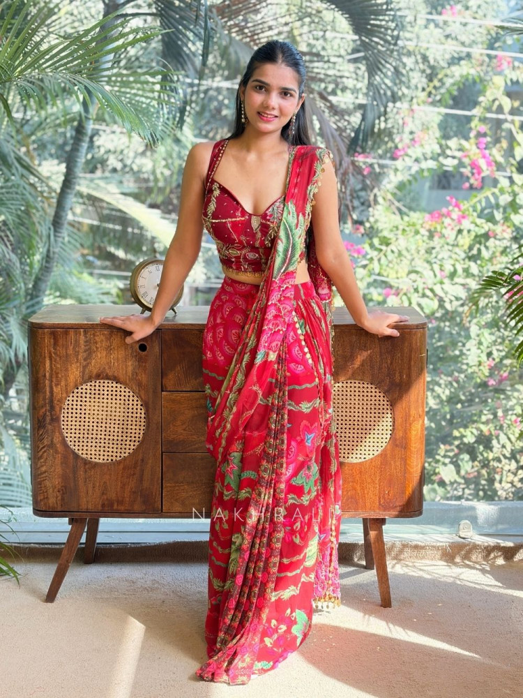 Image of Vallari Maroon Floral Drape Saree Set