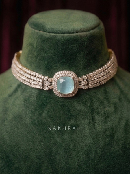 Lumielle Blue Necklace Set With Cushion Stone Choker Detailing