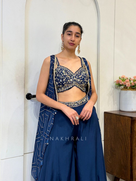Nirvika Navy Blue Embroidered Crop Top Palazzo Set with Shrug