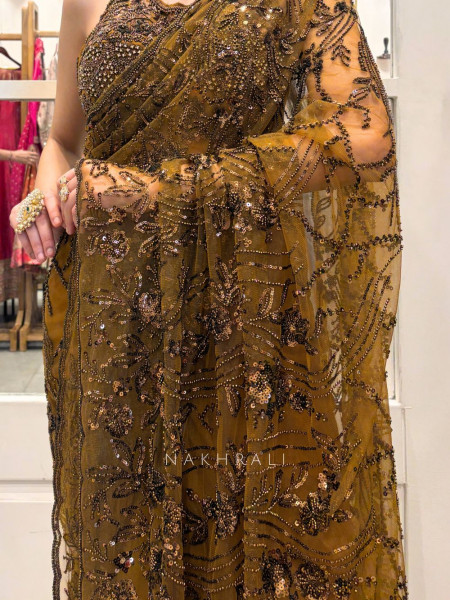Amber Gleam Net Drape Saree with Sequin and Cut Dana Work