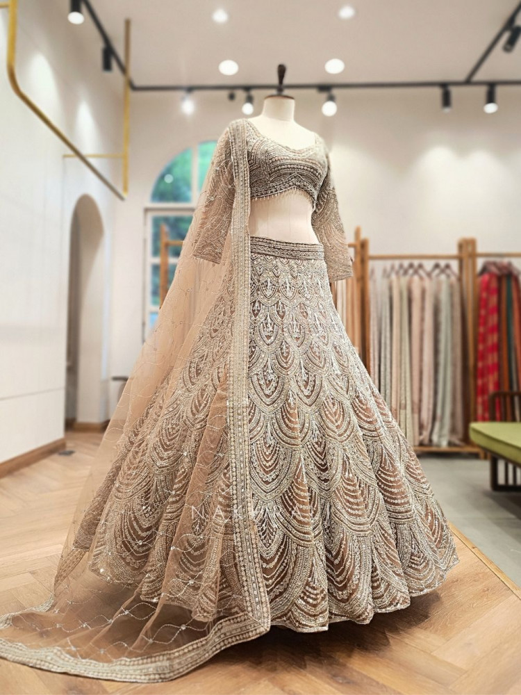 Image of Kashmira Brown Net Lehenga Set with Sequin Embroidery