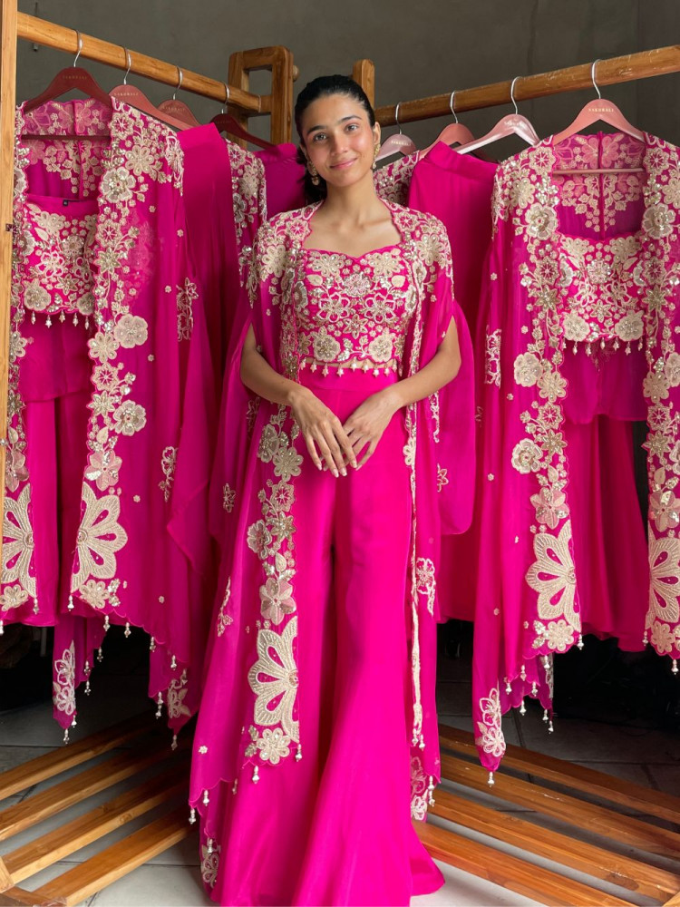 Image of Fuchsia Iris Magenta Viscose Crepe Indo-Western Palazzo Set With Floral Zardozi Cape Detail