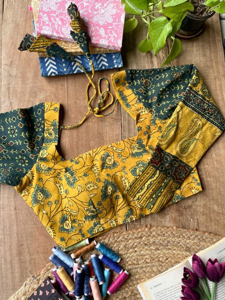 Image of Sutr-rang Mustard Blouse Mixed Print Detail