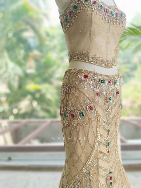 Sunehera Golden Net Mermaid Lehenga Set with Zardozi and Navratan Stone Work