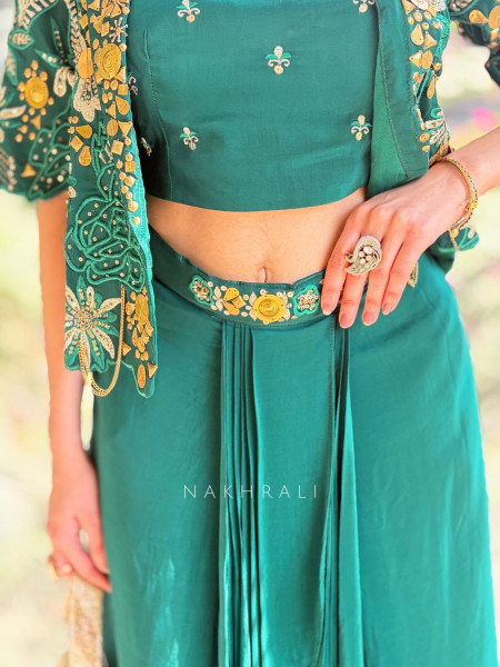 Elysia Green Sequin & Mirror Work Indo-Western Set with Embellished Jacket