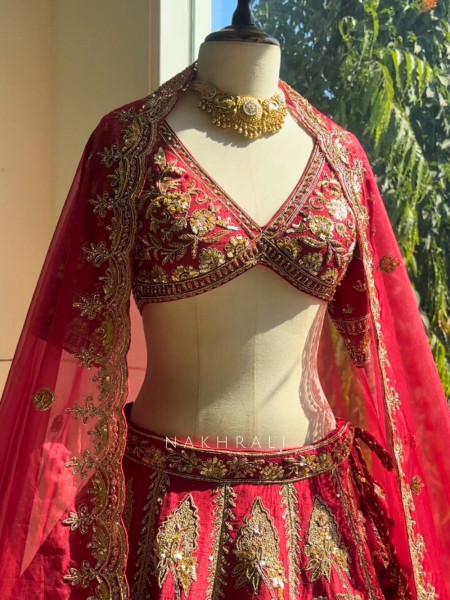 Svarika Red Zari Sequin Bridal Lehenga Set