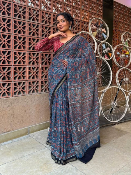 Gatha Indigo Blue Kota Doriya Saree with Ajrakh-Inspired Floral Print