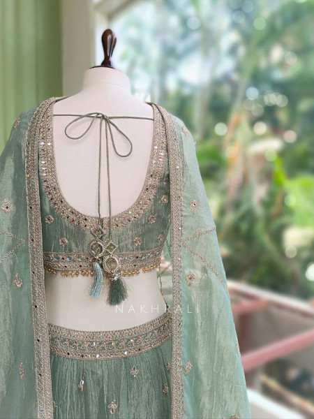 Moonfern Pista Green Crushed Tissue Silk Lehenga Set