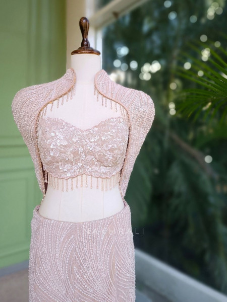 Serenity Pink Net Crop Top Skirt Set with Sequin Cut Dana Work