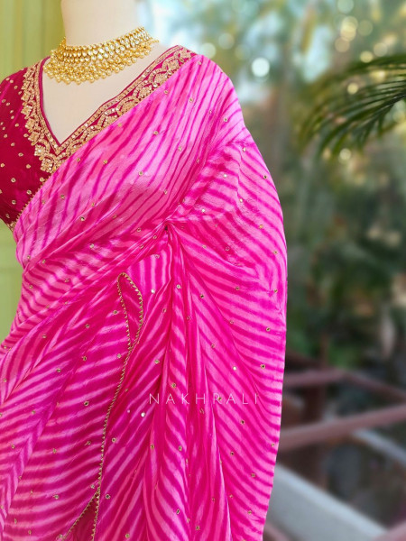 Rangili Pink Leheriya Saree with Gota Work Blouse