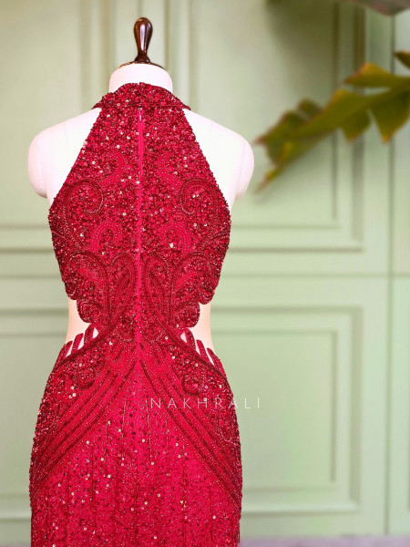 Red Net Gown with Sequin and Cut Dana Work