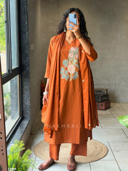 Tavira Orange Embroidered Floral Kurta Pant Set with Dupatta