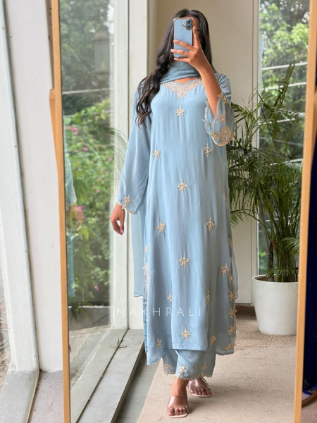 Suvira Grey Georgette Straight Suit Set