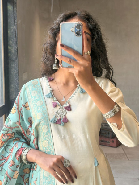 Zyrika Beige Anarkali Suit Set with Floral Dupatta