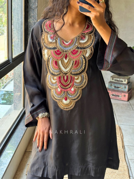 Zuri Black Chanderi Silk Kurta Palazzo Set