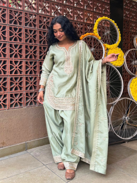 SereneGlow Pista Green Chanderi Satin Silk Suit Set