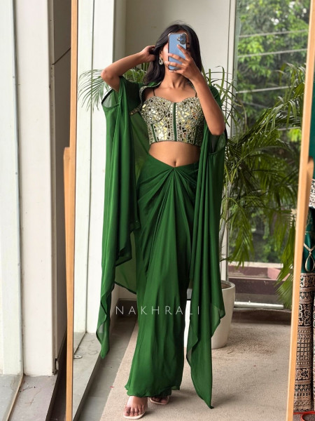 Glimmering  Green Georgette Crop Top Dhoti Skirt Set with Cape