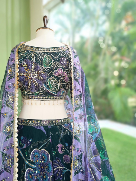 Sweetheart Bottle Green Organza Silk Lehenga Set