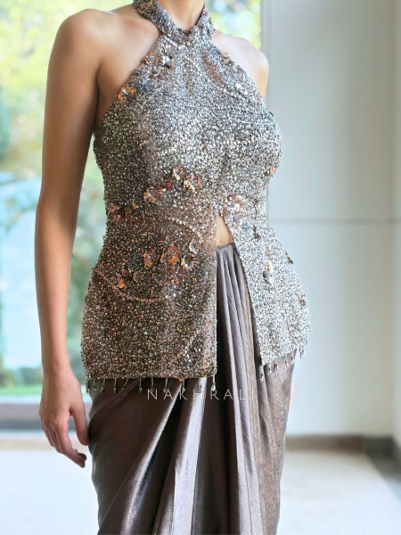 Mink Metallic Grey Indo-Western Peplum Draped Skirt Set