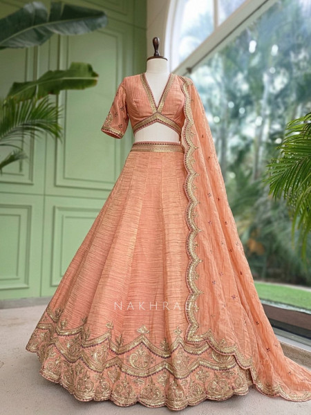 Mehrab-Noor Peach Tussar Lehenga