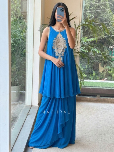 Royal Shield Blue Viscose Georgette Indo-Western Drape Skirt Set