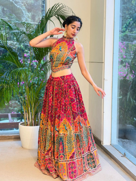 Gulnaar-e-Ishq Peacock Print Halter Neck Lehenga Set