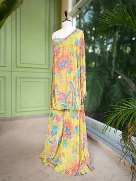 Mira Lime Floral One-Shoulder Kaftan Palazzo Set