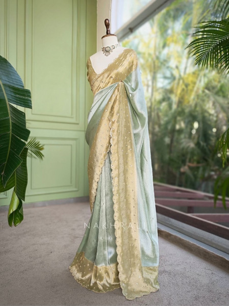 Kamali Pista Green Saree with Mirror Work