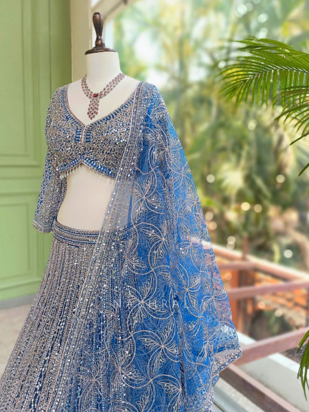Rivarka Royal Blue Mirror and Bead Embroidered Bridal Lehenga