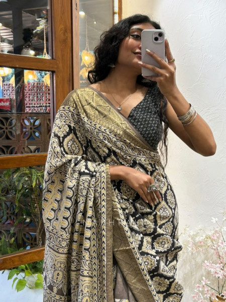 Earthbound Brown Dola Silk Ajrakh Printed Saree