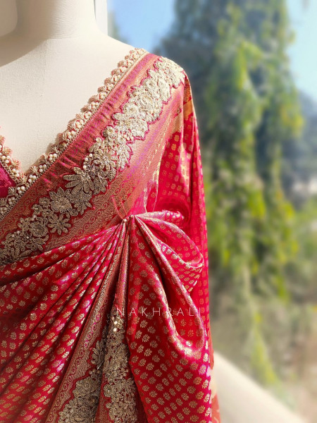Suhagan Red Brocade Silk Saree with Zari and Sequin Work