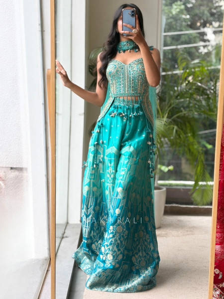 Tangerine Firozi Banarasi Brocade Sharara Set with Cowrie Shell Blouse