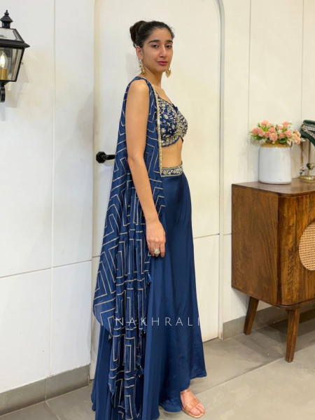 Nirvika Navy Blue Embroidered Crop Top Palazzo Set with Shrug
