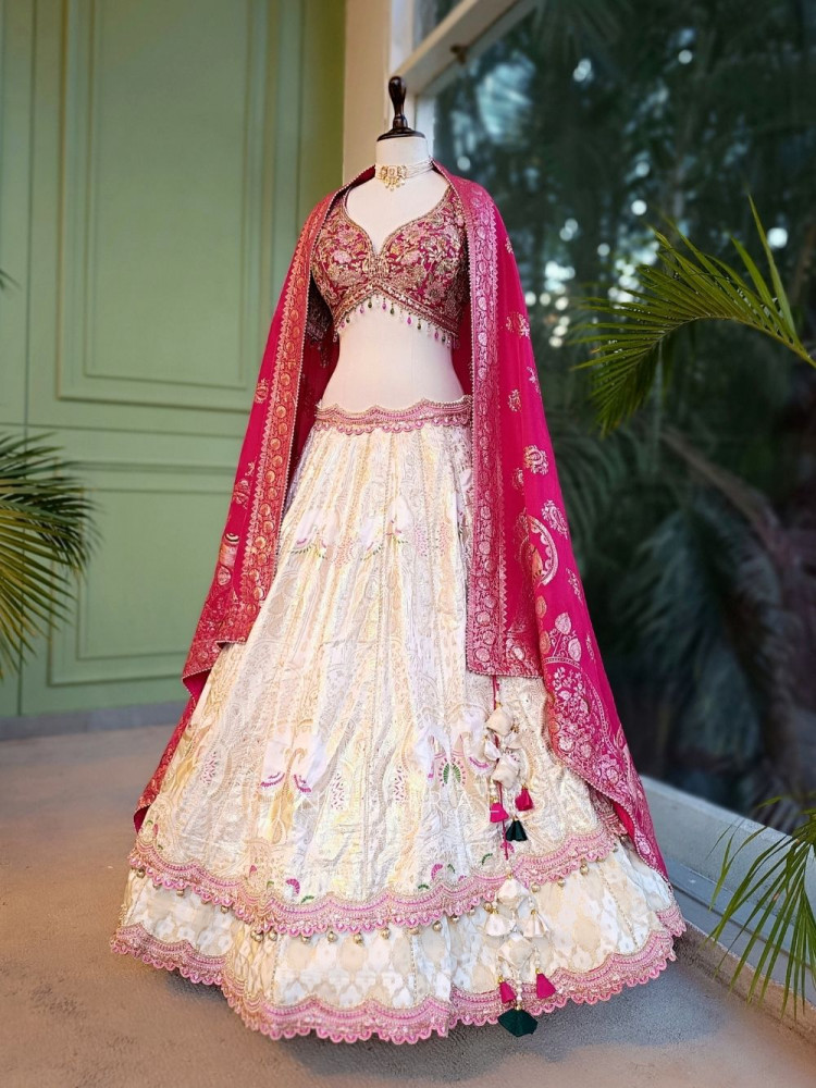 Image of Marvena Magenta White Brocade Lehenga Set with Embroidery Work
