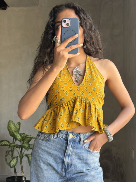 Roselle Frill Yellow Printed Crop Top
