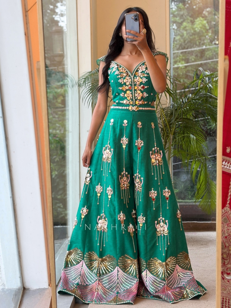 Image of Viana Tassel Rama Green Raw Silk Blend Indo-Western Jumpsuit