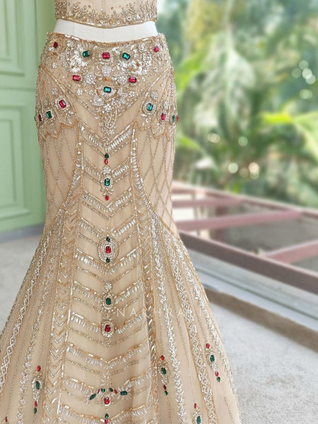 Sunehera Golden Net Mermaid Lehenga Set with Zardozi and Navratan Stone Work
