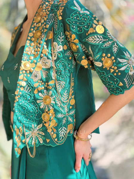 Elysia Green Sequin & Mirror Work Indo-Western Set with Embellished Jacket
