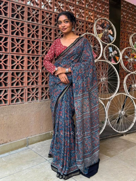 Gatha Indigo Blue Kota Doriya Saree with Ajrakh-Inspired Floral Print