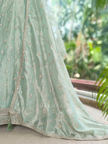 Moonfern Pista Green Crushed Tissue Silk Lehenga Set
