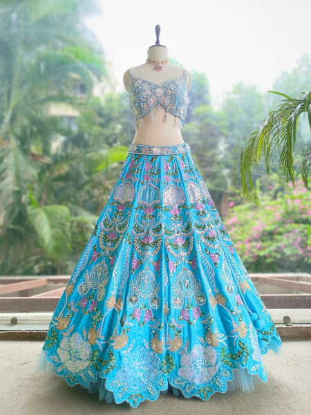 Firoza Mehrunissa Scalloped Blue Kalidar Lehenga Set