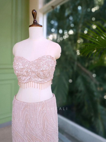 Serenity Pink Net Crop Top Skirt Set with Sequin Cut Dana Work